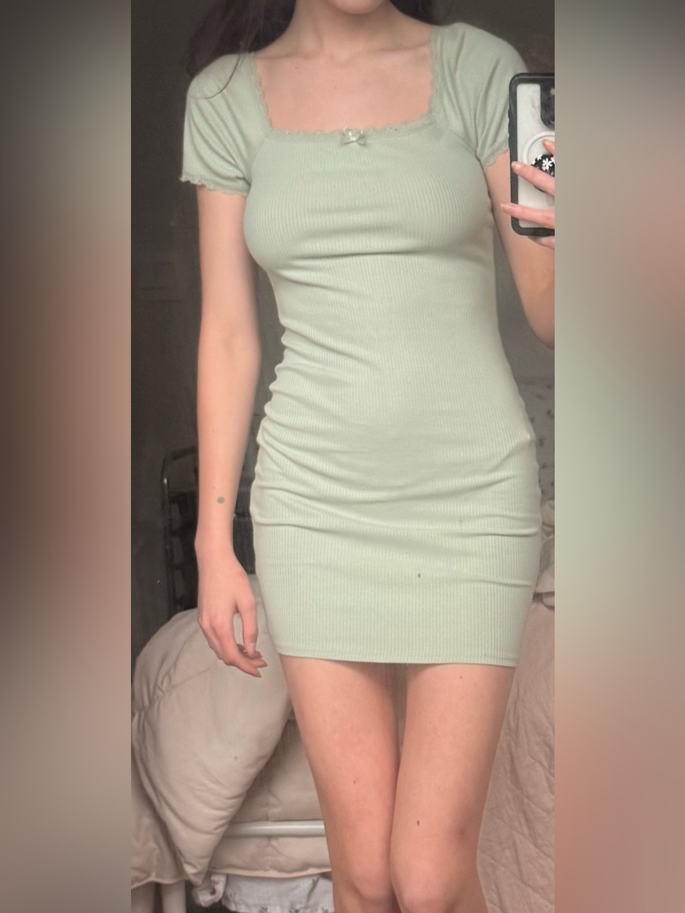 Forever 21 Ribbed Square-Neck with lace and bow Mini Dress in Sage Green